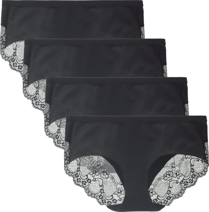 LIQQY Women's 4 Pack Mid Rise Cotton Lace Full Coverage Brief Hipster