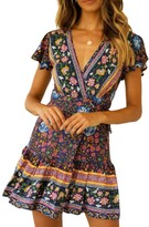 Thumbnail for your product : Hertsen Women Wrap Summer Boho Floral Paisley Mini Print Dress Ladies Holiday Beach Dresses Wine Red