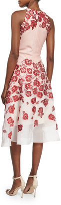 Lela Rose Floral-Embroidered Halter-Neck Dress, Pink