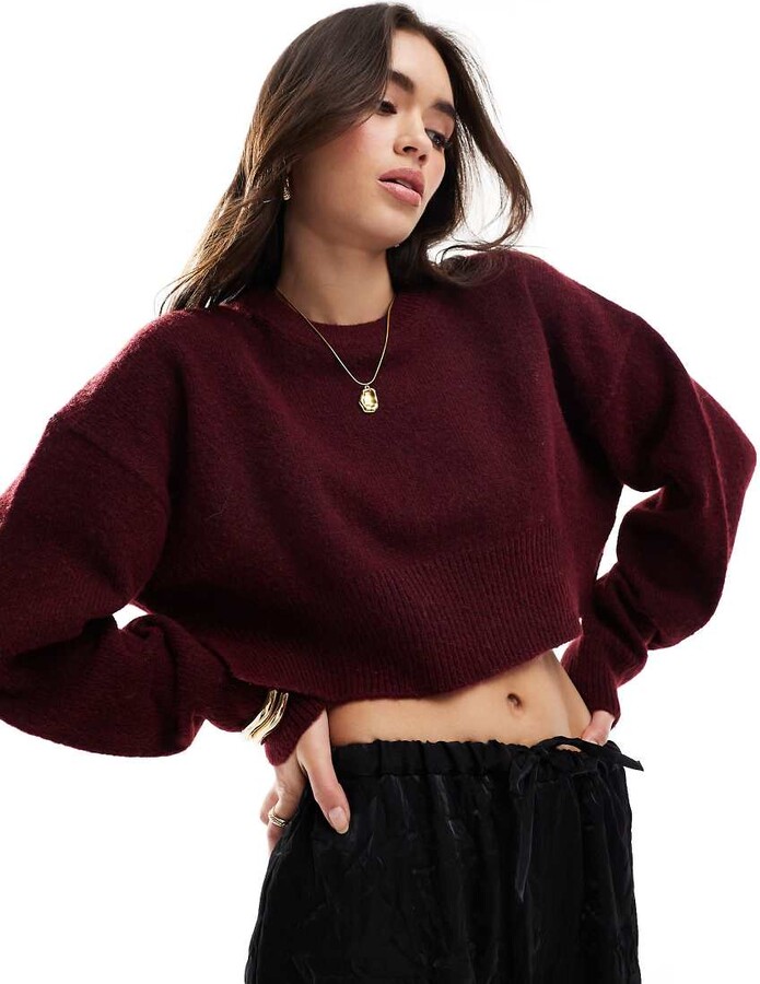 ASOS DESIGN crop crew neck jumper with split hemline in burgundy