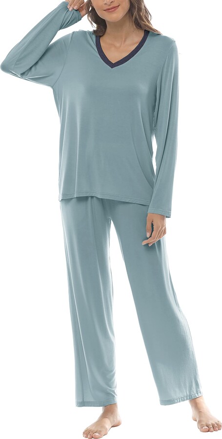 JINSHI Ladies Pyjamas Set V-Neck Long Sleeve Nightwear Sleepwear Top & Pants  Soft Cosy Casual Yoga Jogging Gym Lounge PJ's Set Navy Size S - ShopStyle