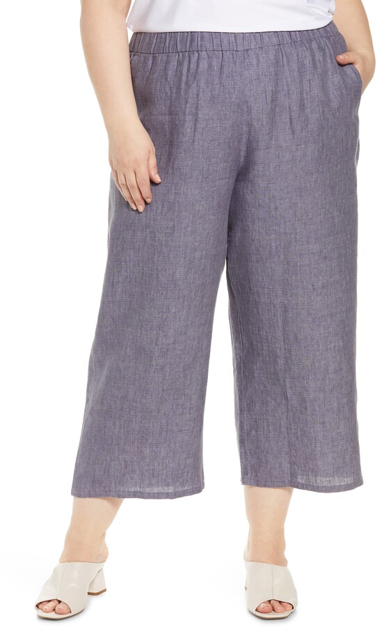 USYY Womens Cotton Linen Cropped Pants Drawstring Plus Size Comfort Wide Leg Pants Loose Straight Shorts Trousers 
