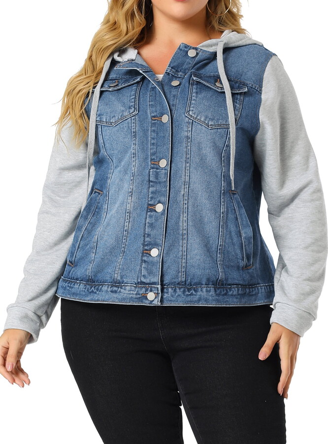 Unique Bargains Women’s Plus Size Jean Drawstring Hood Denim Jacket