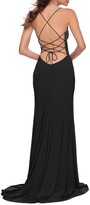 Thumbnail for your product : La Femme Lace-Up Back Matte Jersey Gown w/ Slit