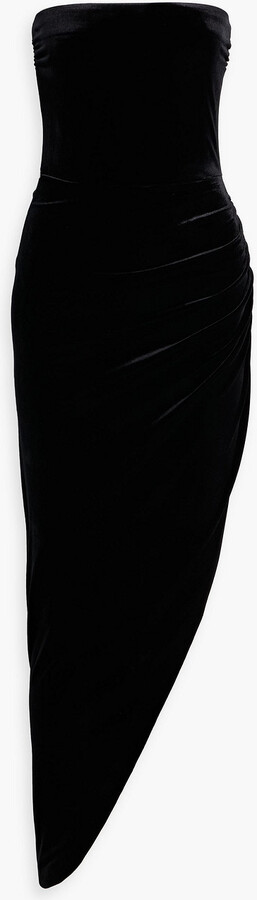 Strapless asymmetric velvet dress