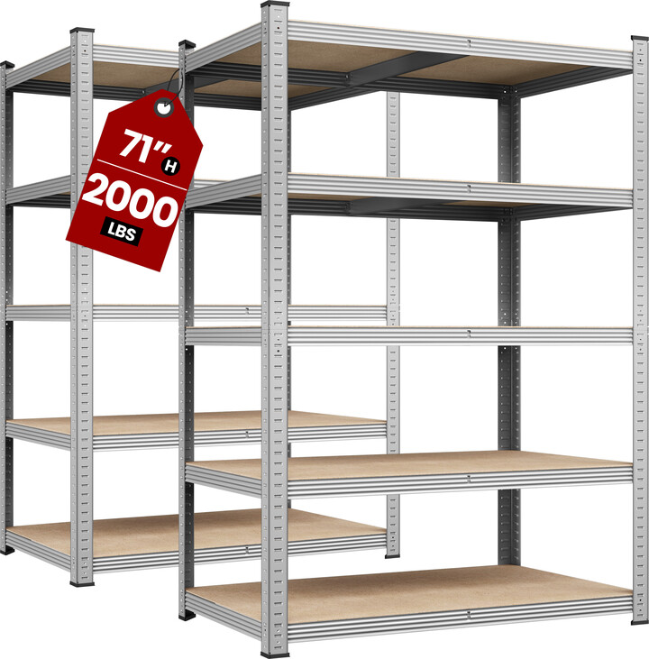 Temu 2pcs 5-tier Metal Storage Shelving Units, Adjustable Utility Racks Organizer For Garage, Living Room, Kitchen, 2000 Lb Weight Capacity, Anti-tip Design, Silver/black