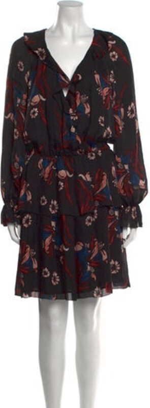 Joie Silk Wrap Dress Black Floral Print Ruffle Embellishment Long Sleeve with V-Neck Hook & Eye Closure at Front Designer