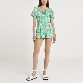 River Island Womens Green floral print shirred playsuit