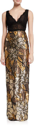 Marchesa Notte Floral Sequin V-Neck Sleeveless Column Gown w/ Lace Bodice