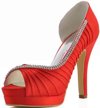 Elegantpark EP11064-IPF Women High Heel Pumps Peep Toe Pleated Satin Rhinestones Platform Blue Wedding Party Shoes US 4