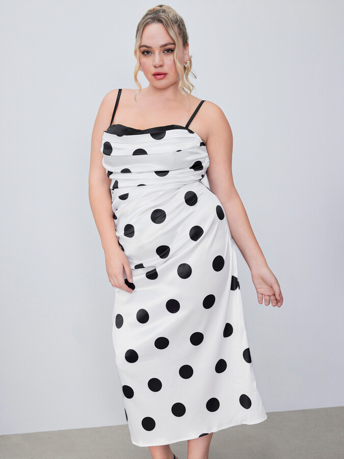 Satin Square Neck Polka Dot Ruched Maxi Dress Curve & Plus