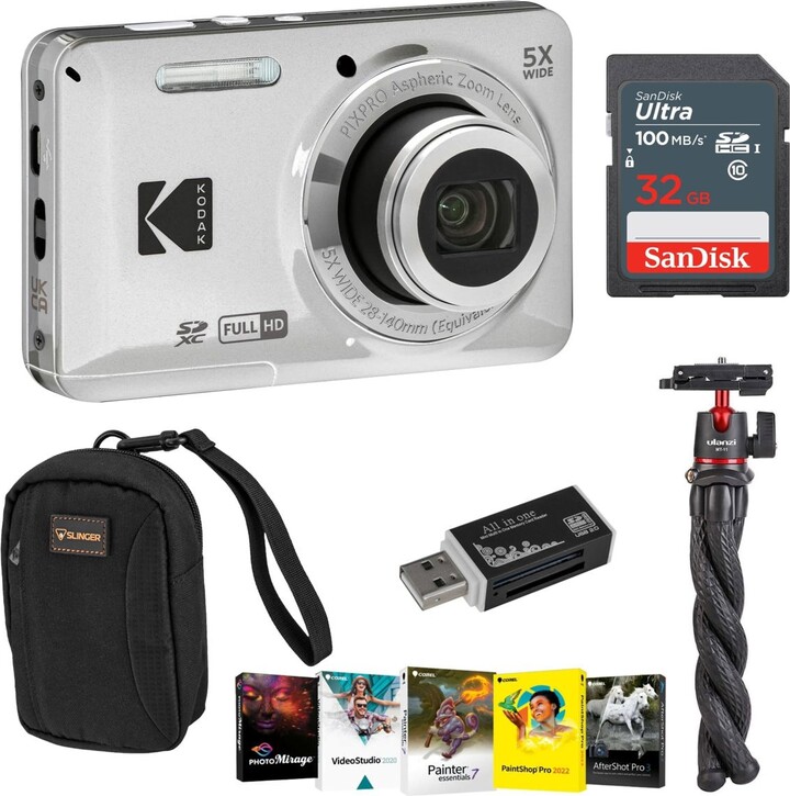 Kodak Pixpro FZ55 Friendly Zoom Digital Camera, Red, With Sd Card, Camera Bag, Tripod, Photo Editing Software, Sd Card Reader