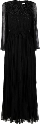 NISSA Rhinestone-Embellished Pleated Maxi Dress