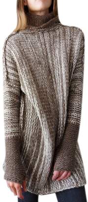 Qiyun Women Long Sleeve Mosaic Turtleneck Wool Sweater Tunic Tops Jumper Pullovers