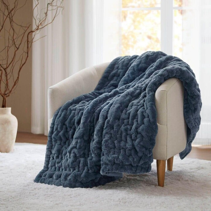Madison Home USA Ruched Fur Slate Blue Polyester Throw Blanket