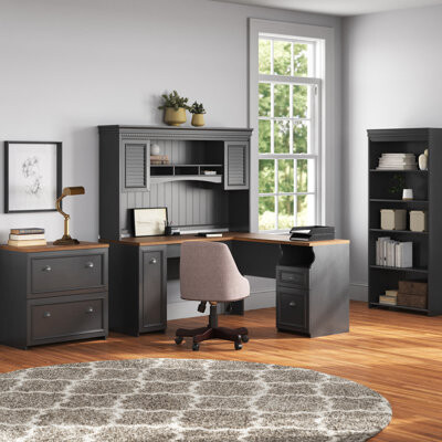 Laurel Foundry Modern Farmhouse Huckins 5 Piece L-Shape Computer Desk Office Sets with Hutch