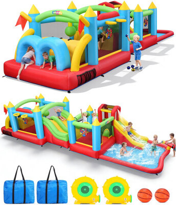 Homdox Extra Large Inflatable Bounce House, Water Slide, Jumper Playhouse With Two Air Blowers & Ball Pit & Obstacle Course & Basketball Hoop & Target & Clim