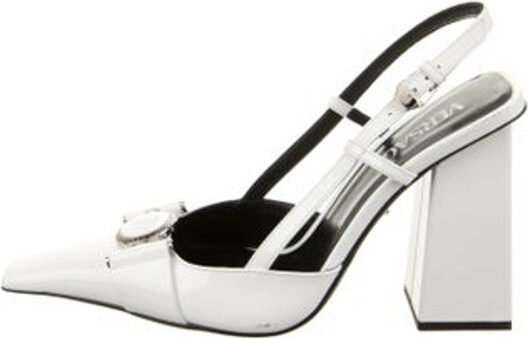 Versace Patent Leather Slingback Pumps White Medusa Insignia Leather Trim Square-Toes Buckle Closure at Ankles Includes Box & Dust Bag