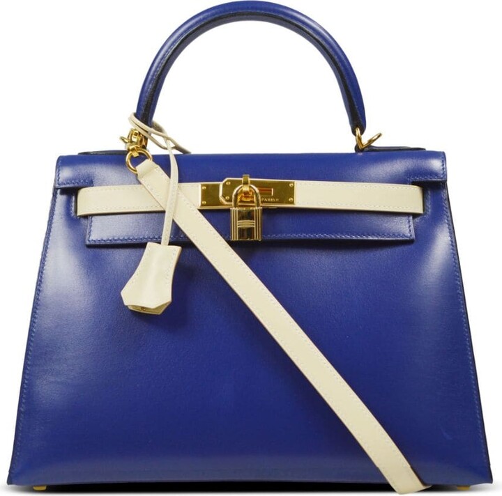 Hermes Kelly Handbag Quadrille Canvas and Blue Swift with