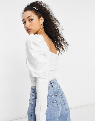 ASOS DESIGN square neck ruched bust long sleeve top in white - ShopStyle