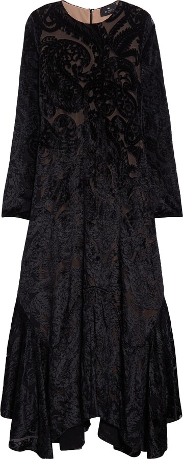 Velvet Paisley Long Sleeve Mesh Midi Dress