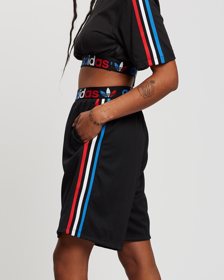 adidas Women's Black Shorts - Adicolour Tricolour Primeblue Long Shorts