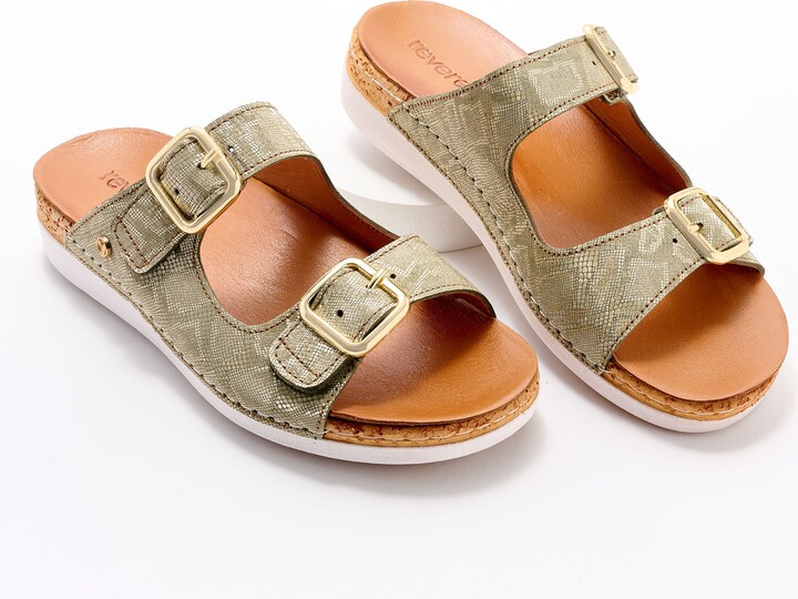 Revere Leather Double Buckle Slide Sandals Brighton