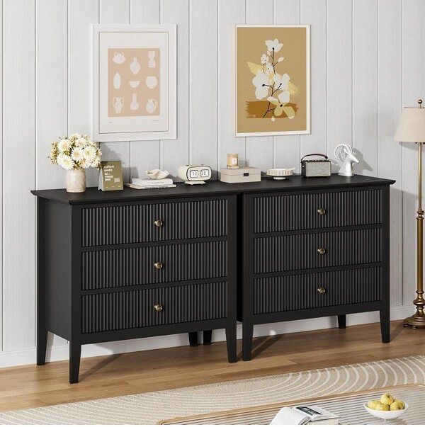 Nasitip 2PCSBlackFluted3DrawerDresser31.5InchWideDresserNightstandModernWoodChestofDrawersLargePaintedNightstandwith3Drawers