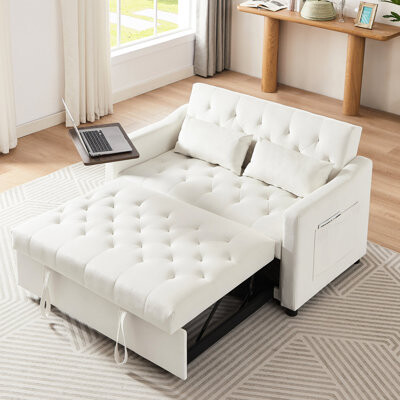 Pink Velvet Bed With Side Table - Convertible Design, Comfortable Foam, Well-distributed Stitching, Easy Setup Armrest Rotating Table, Seat, Upholster
