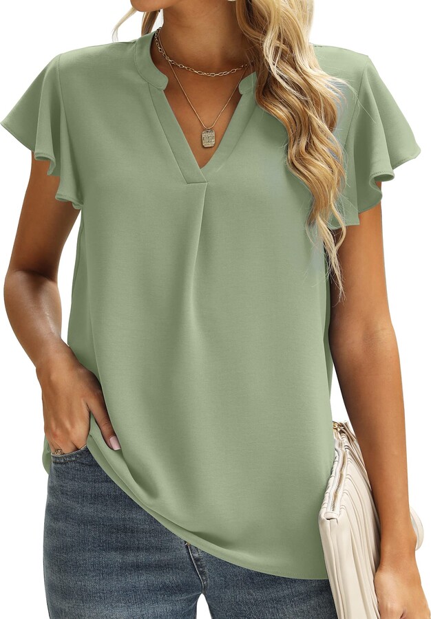 Saloogoe Short Sleeve Tops Chiffon V Neck Spring Blouses for Women Fashion  2023 Green M - ShopStyle