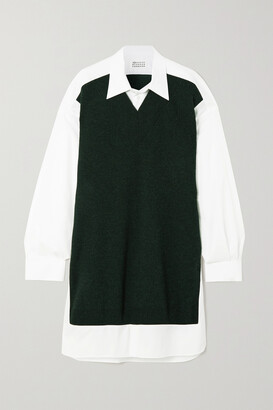 Maison Margiela Paneled Ribbed Wool And Cotton-poplin Shirt Dress - Green