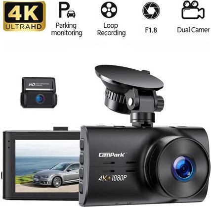 CAMPARK Dash Cam Native 4K Front &1080P Rear Car Camera Car Driving Recorder Night Vision, Motion Detection, Parking Monitoring, G-Sensor, Loop...