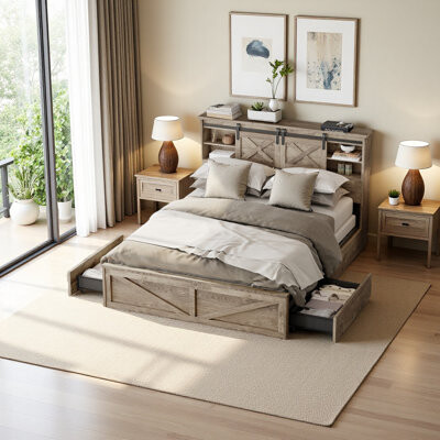 Gracie Oaks Farmhouse Bed Frame Queen Size With LED Lights And Charging Station Wooden Queen Bed With 2 Storage Drawers Rustic Headboard With Sliding Barn Door