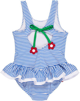 Florence Eiseman Stripe Seersucker Ruffle One-Piece Swimsuit w/ Flower Trim, Size 2-6X
