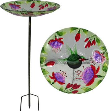 Alpine Glass Stake Bird Bath with Flowers and Hummingbird