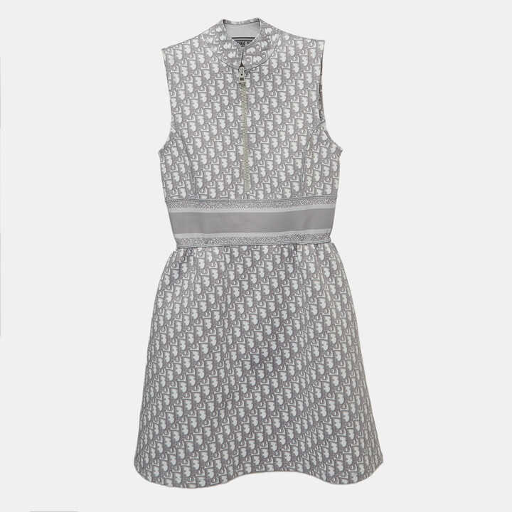 ワンピース DIOR Gray Graphic Print Sleeveless Dress 351R25A2746 8878 Christian Dior Grey Monogram Knit Zipper Mini Dress S