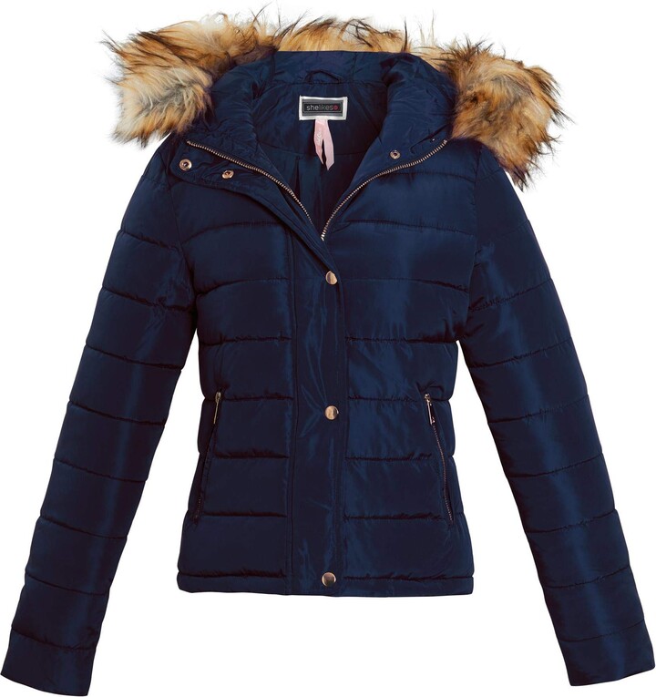 Navy Padded Coat With Fur Hood, Womens Navy Blue Coat With Fur Hood