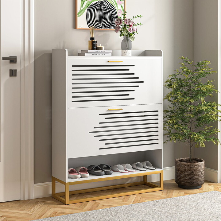 Hommoo Modern Shoe Storage Cabinet, Freestanding Organizer with 2 Flip Drawers, Shoe Rack Multifunctional Cabinet,up to 16 Pairs Shoe,White