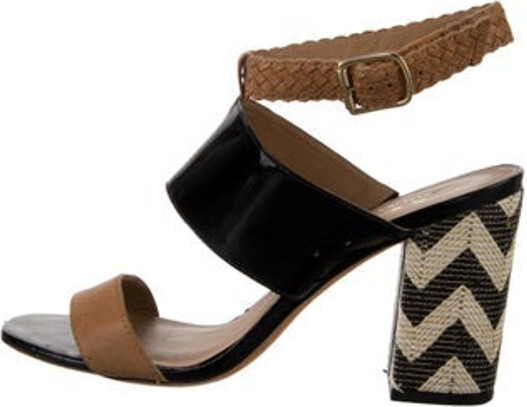 Tasha Tarno Patent Leather Sandals White Printed Braided Accents Multistrap & Buckle Closure at Ankles
