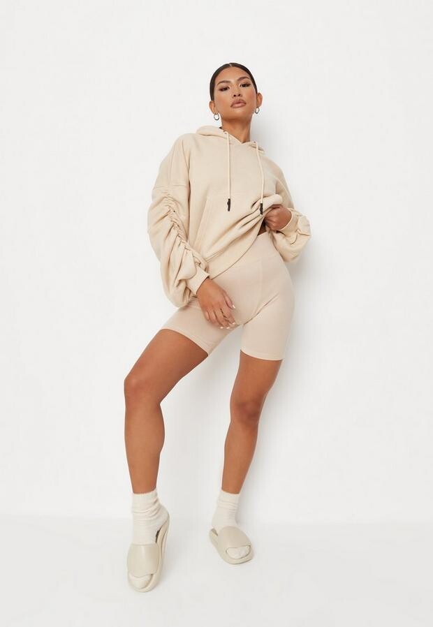 beige ruched sleeve hoodie