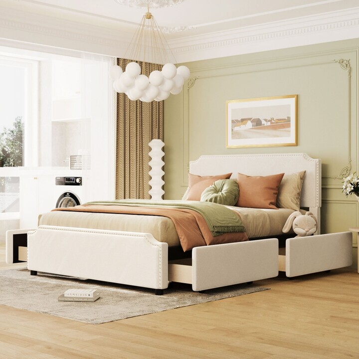 Streamdale Furniture Streamdale Upholstered Platform Bed with Studded Headboard and Drawers