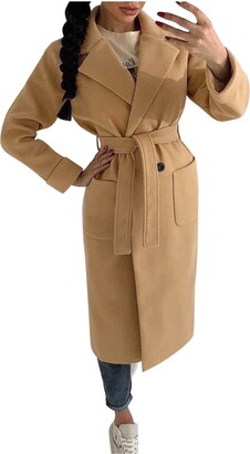 YogfegY Faux Suede Women's Trench Coat Casual Mid Length Open Front  Cardigan Outerwear Wool Fleece Winter Coats with Belt (Khaki S) - ShopStyle