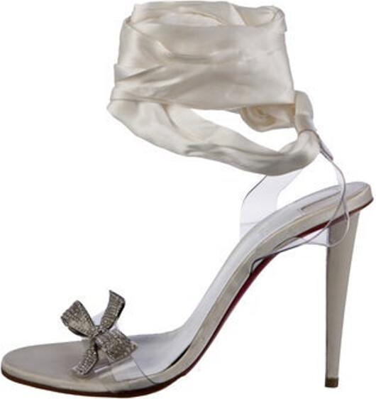 Christian Louboutin PVC Sandals White Satin Trim Crystal & Bow Accents Wrap-Around Straps & Tie Closures Designer