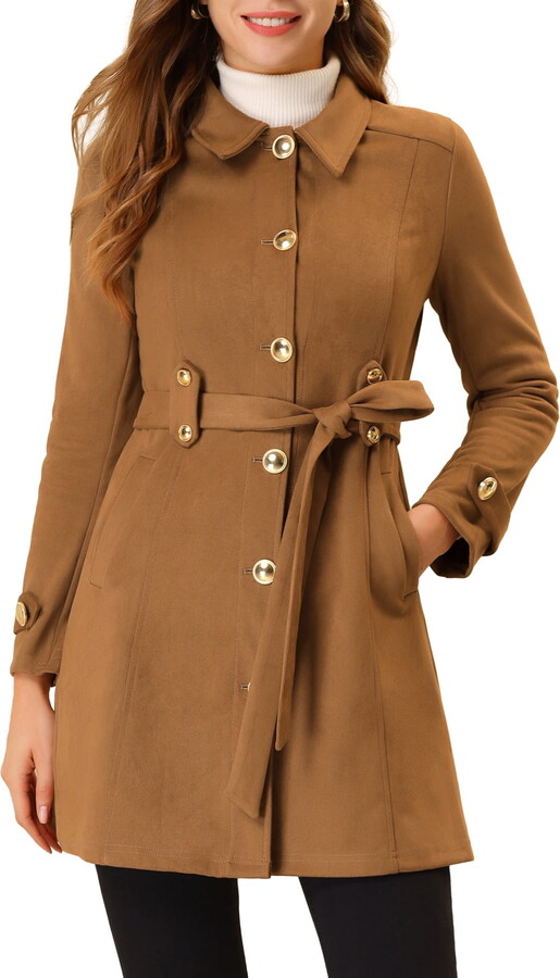 Unique Bargains Juniors Winter Faux Suede Button Front Tie Belt Waist Long Trench Coat Brown M