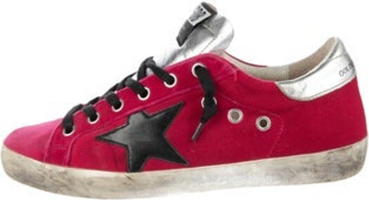 Golden Goose Velvet Low Top Sneakers Pink Round-Toes with Leather Trim Embellishment Lace-Up Closure at Uppers Designer