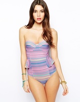 Thumbnail for your product : ASOS Pastel Aztec Frill Peplum Cupped Swimsuit - Pastel aztec