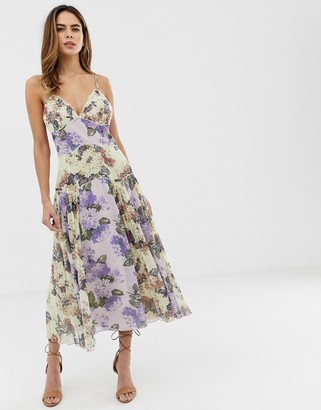 ASOS DESIGN cami midi dress in mixed floral with pleat and lace trim