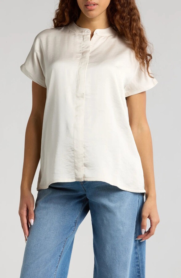 Marion Women's Short Sleeve Satin Maternity Shell Top with Concealed Nursing Zip