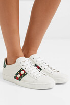 Thumbnail for your product : Gucci Ace Faux Pearl-embellished Metallic Watersnake-trimmed Leather Sneakers
