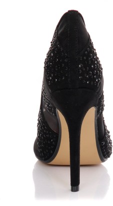 Little Mistress Black Mesh Diamante Pointed Court Shoe